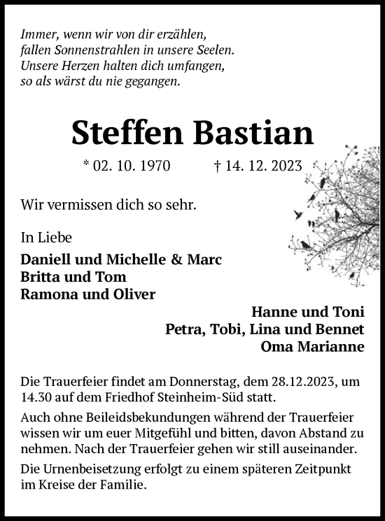 Traueranzeige von Steffen Bastian von OF