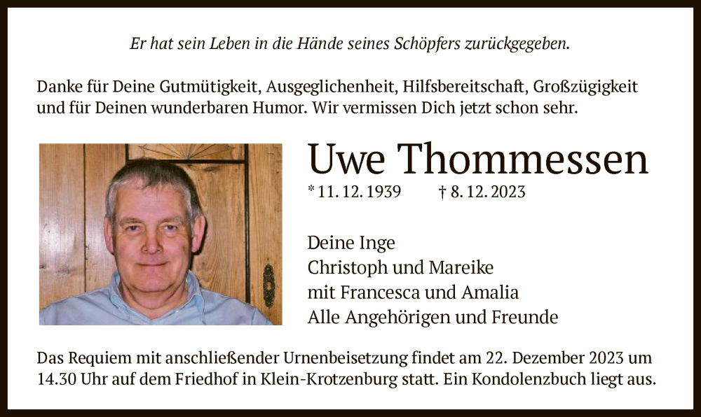  Traueranzeige für Uwe Thommessen vom 13.12.2023 aus OF