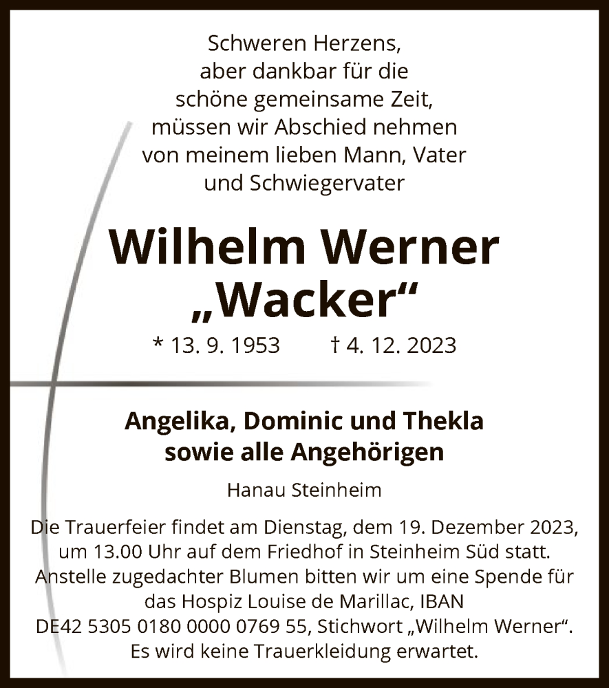  Traueranzeige für Wilhelm Werner vom 09.12.2023 aus OF