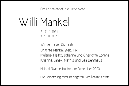 Traueranzeige von Willi Mankel von OF