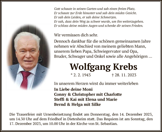 Traueranzeige von Wolfgang Krebs von OF