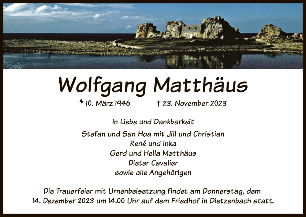  Traueranzeige für Wolfgang Matthäus vom 09.12.2023 aus OF