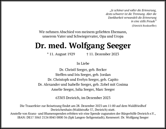 Traueranzeige von Wolfgang Seeger von OF