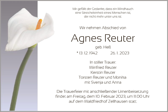 Traueranzeige von Agnes Reuter von OF