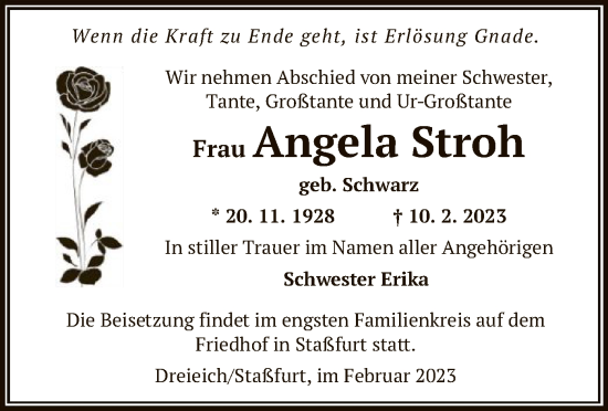 Traueranzeige von Angela Stroh von OF