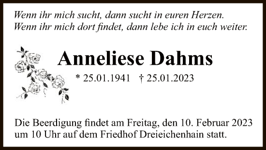 Traueranzeige von Anneliese Dahms von OF