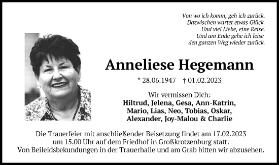 Traueranzeige von Anneliese Hegemann von OF