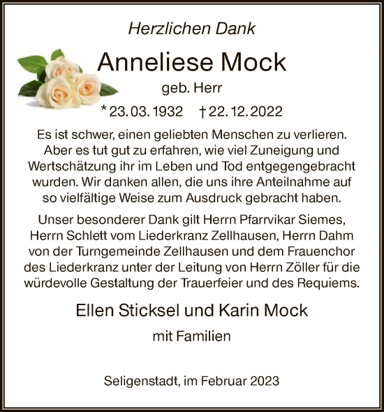 Traueranzeige von Anneliese Mock von OF