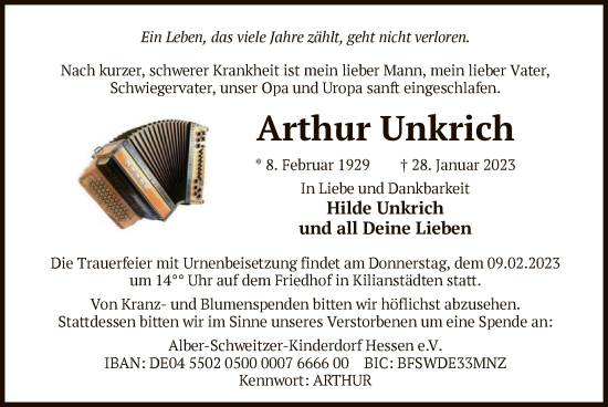 Traueranzeige von Arthur Unkrich von OF