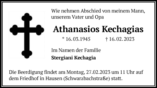 Traueranzeige von Athanasios Kechagias von OF