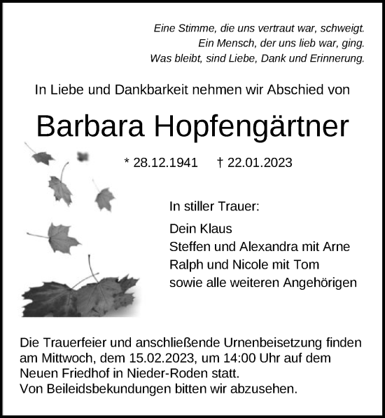 Traueranzeige von Barbara Hopfengärtner von OF