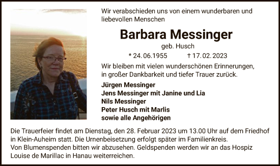 Traueranzeige von Barbara Messinger von OF