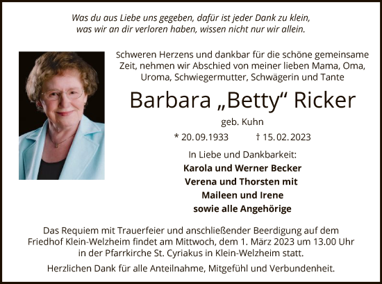 Traueranzeige von Barbara Ricker von OF