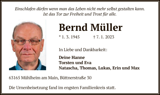 Traueranzeige von Bernd Müller von OF