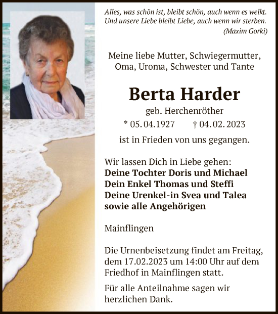 Traueranzeige von Berta Harder von OF