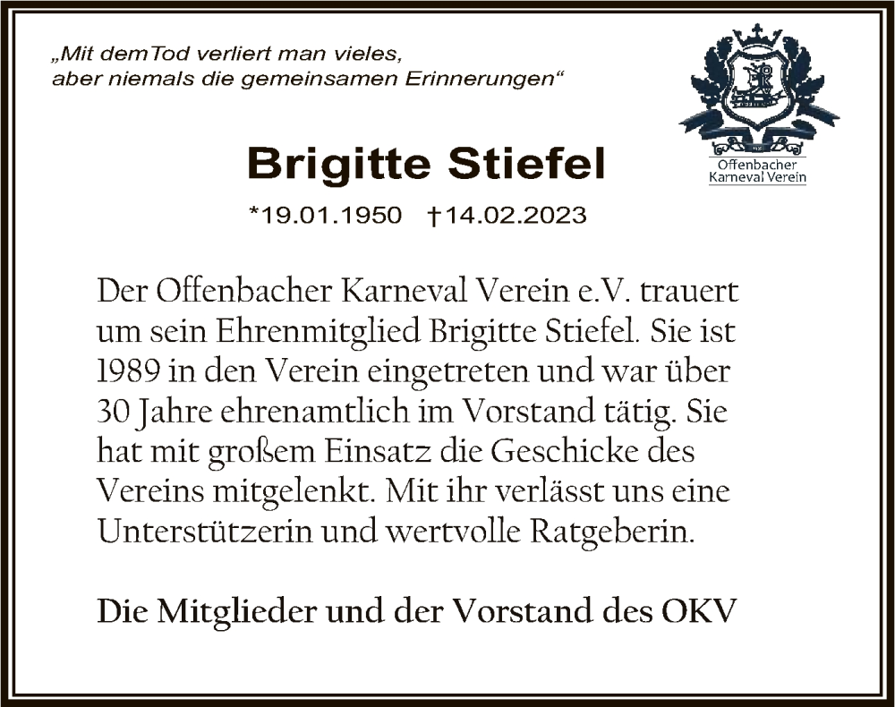  Traueranzeige für Brigitte Stiefel vom 25.02.2023 aus OF