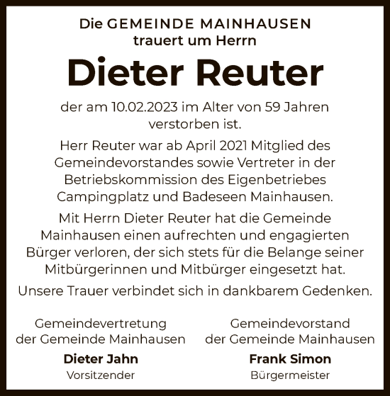 Traueranzeige von Dieter Reuter von OF