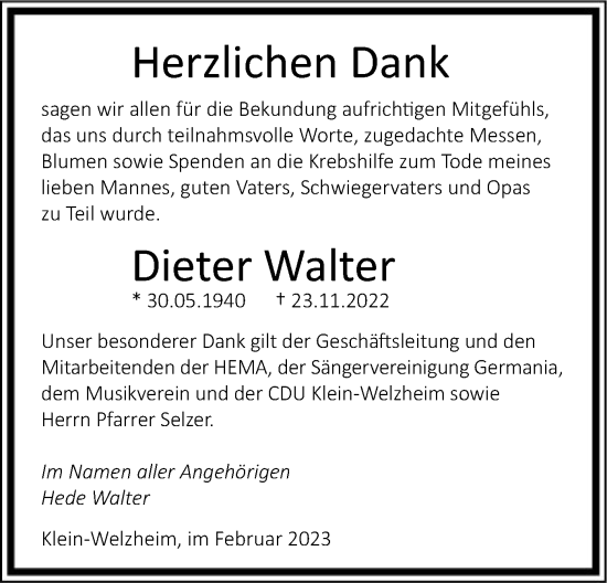 Traueranzeige von Dieter Walter von OF