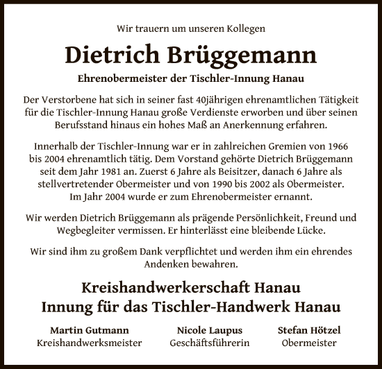 Traueranzeige von Dietrich Brüggemann von OF