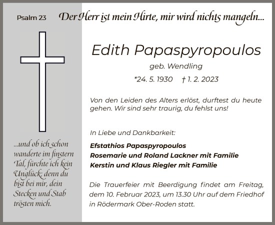 Traueranzeige von Edith Papaspyropoulos von OF