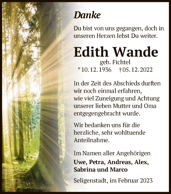 Traueranzeige von Edith Wande von OF