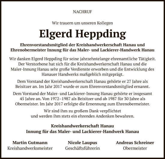 Traueranzeige von Elgerd Heppding von OF