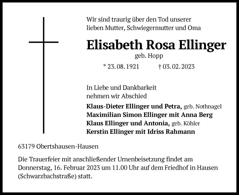 Traueranzeigen von Elisabeth Rosa Ellinger | trauer.op-online.de