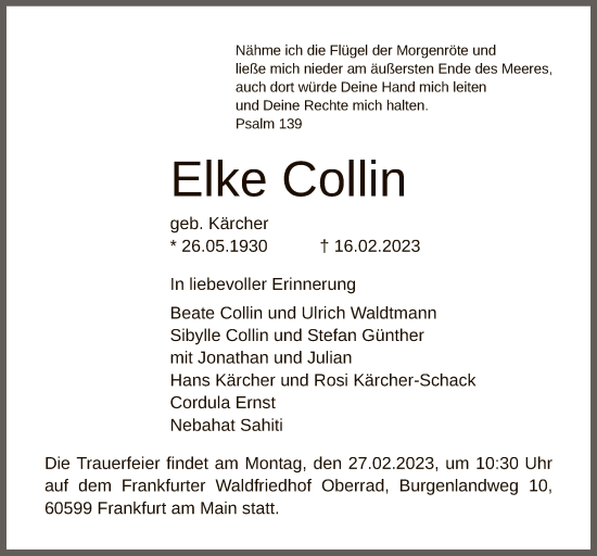 Traueranzeige von Elke Collin von OF