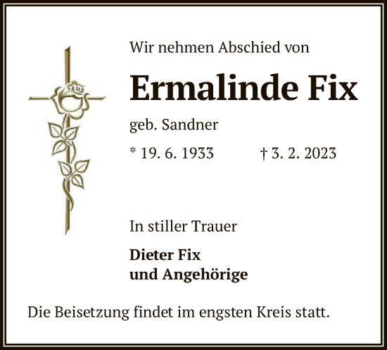 Traueranzeige von Ermalinde Fix von OF