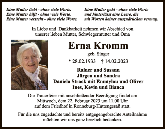 Traueranzeige von Erna Kromm von OF