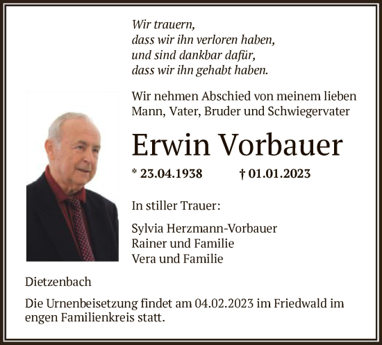 Traueranzeige von Erwin Vorbauer von OF