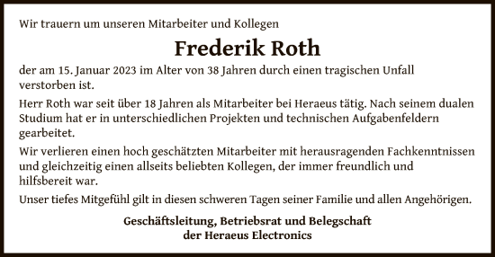 Traueranzeige von Frederik Roth von OF