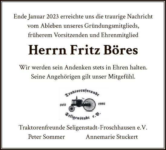 Traueranzeige von Fritz Böres von OF