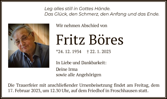 Traueranzeige von Fritz Böres von OF