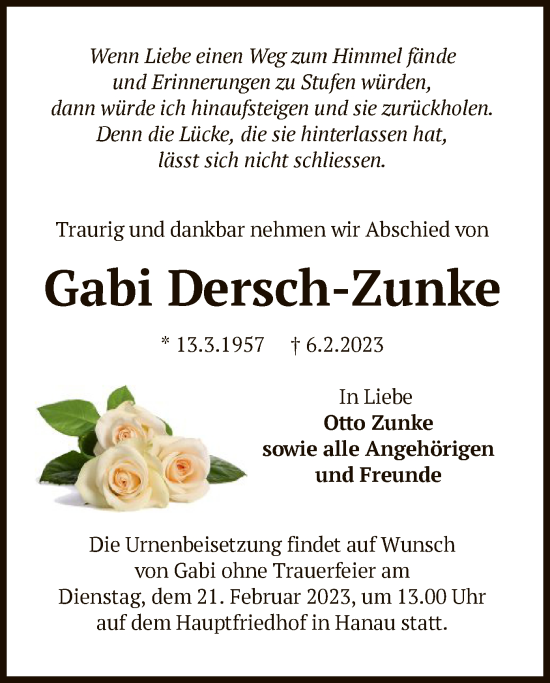 Traueranzeige von Gabi Dersch-Zunke von OF