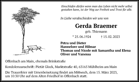 Traueranzeige von Gerda Braemer von OF