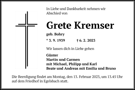 Traueranzeige von Grete Kremser von OF