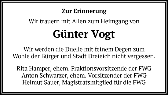 Traueranzeige von Günter Vogt von OF