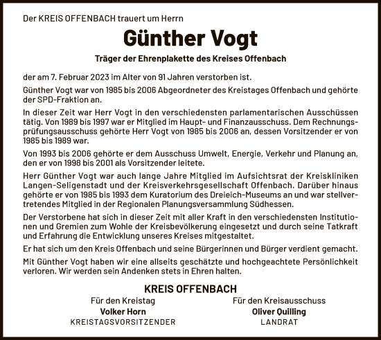 Traueranzeige von Günther Vogt von OF