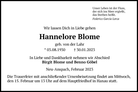 Traueranzeige von Hannelore Blome von OF