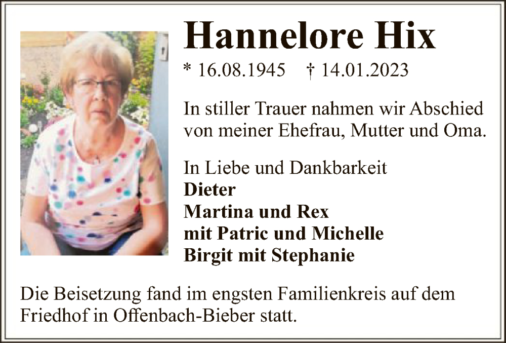  Traueranzeige für Hannelore Hix vom 18.02.2023 aus OF