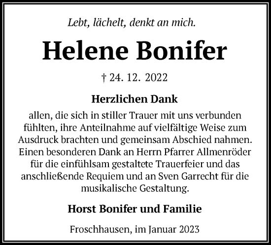 Traueranzeige von Helene Bonifer von OF