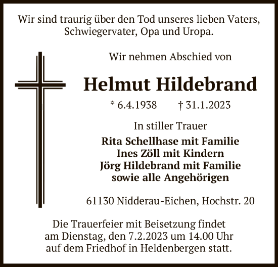 Traueranzeige von Helmut Hildebrand von OF