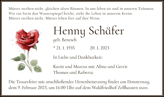 Traueranzeige von Henny Schäfer von OF