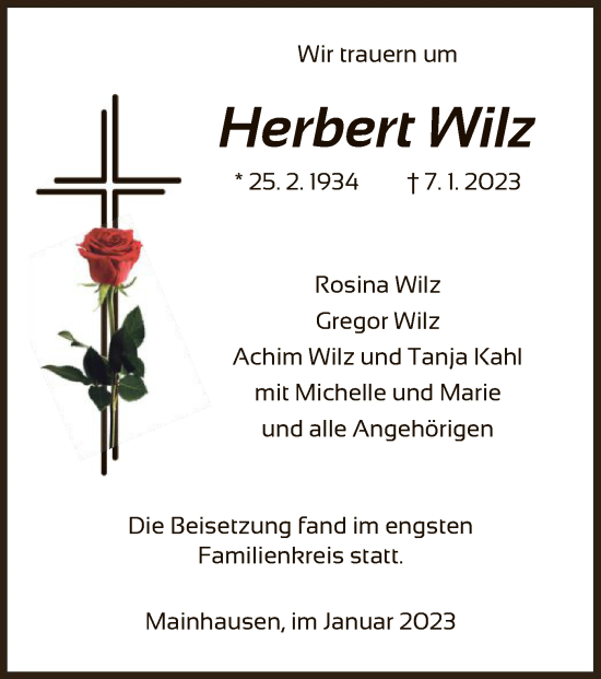 Traueranzeige von Herbert Wilz von OF