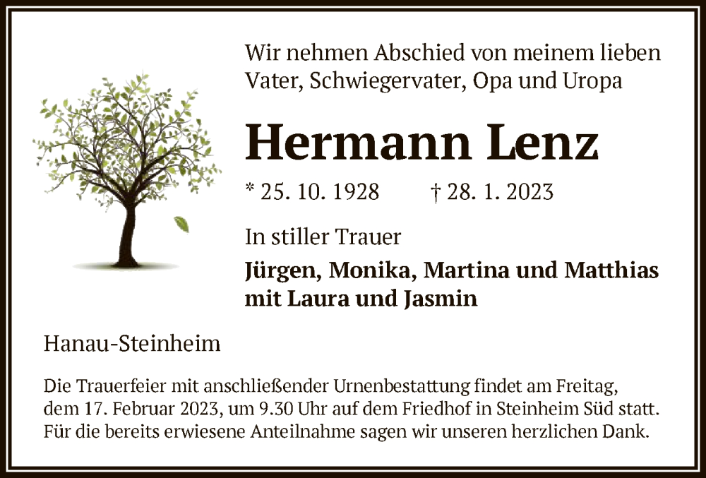  Traueranzeige für Hermann Lenz vom 11.02.2023 aus OF