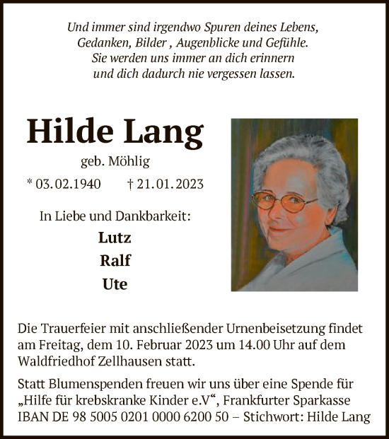 Traueranzeige von Hilde Lang von OF