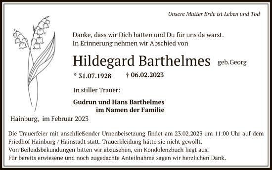 Traueranzeige von Hildegard Barthelmes von OF