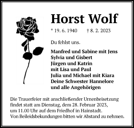 Traueranzeige von Horst Wolf von OF