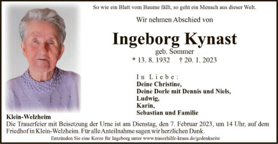 Traueranzeige von Ingeborg Kynast von OF